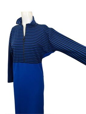 Vintage 80’s FIORUCCI Blue Black Striped Batwing Dress Wool Blend Sz L